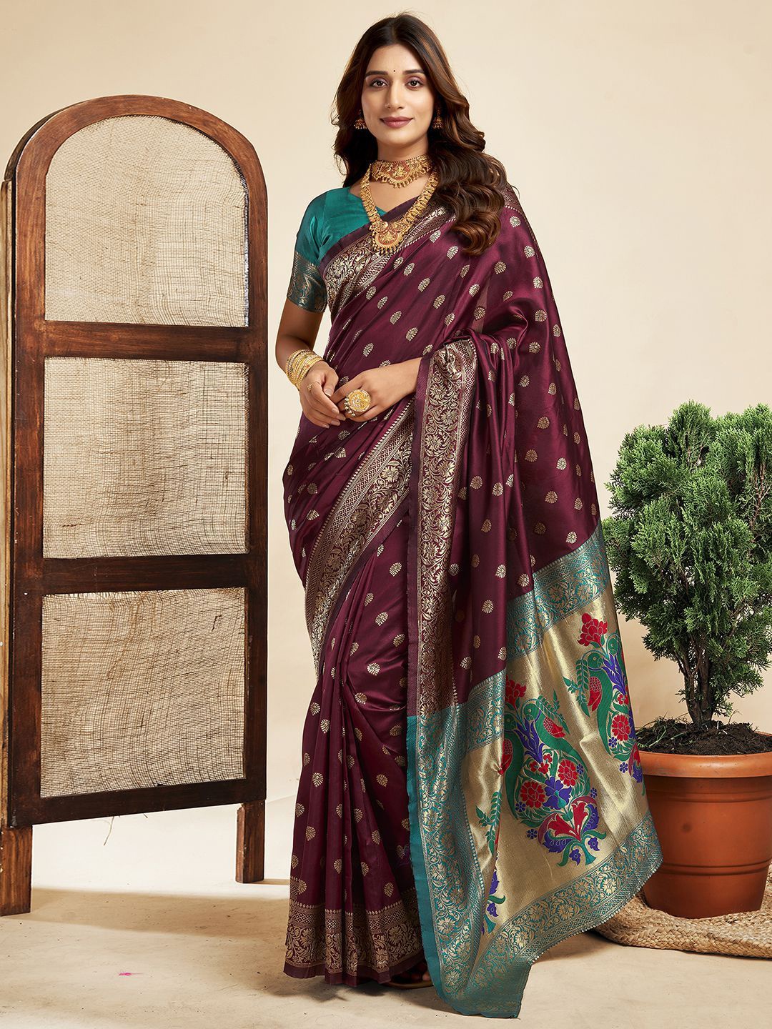 

KALINI Woven Design Zari Pure Silk Paithani Saree, Brown