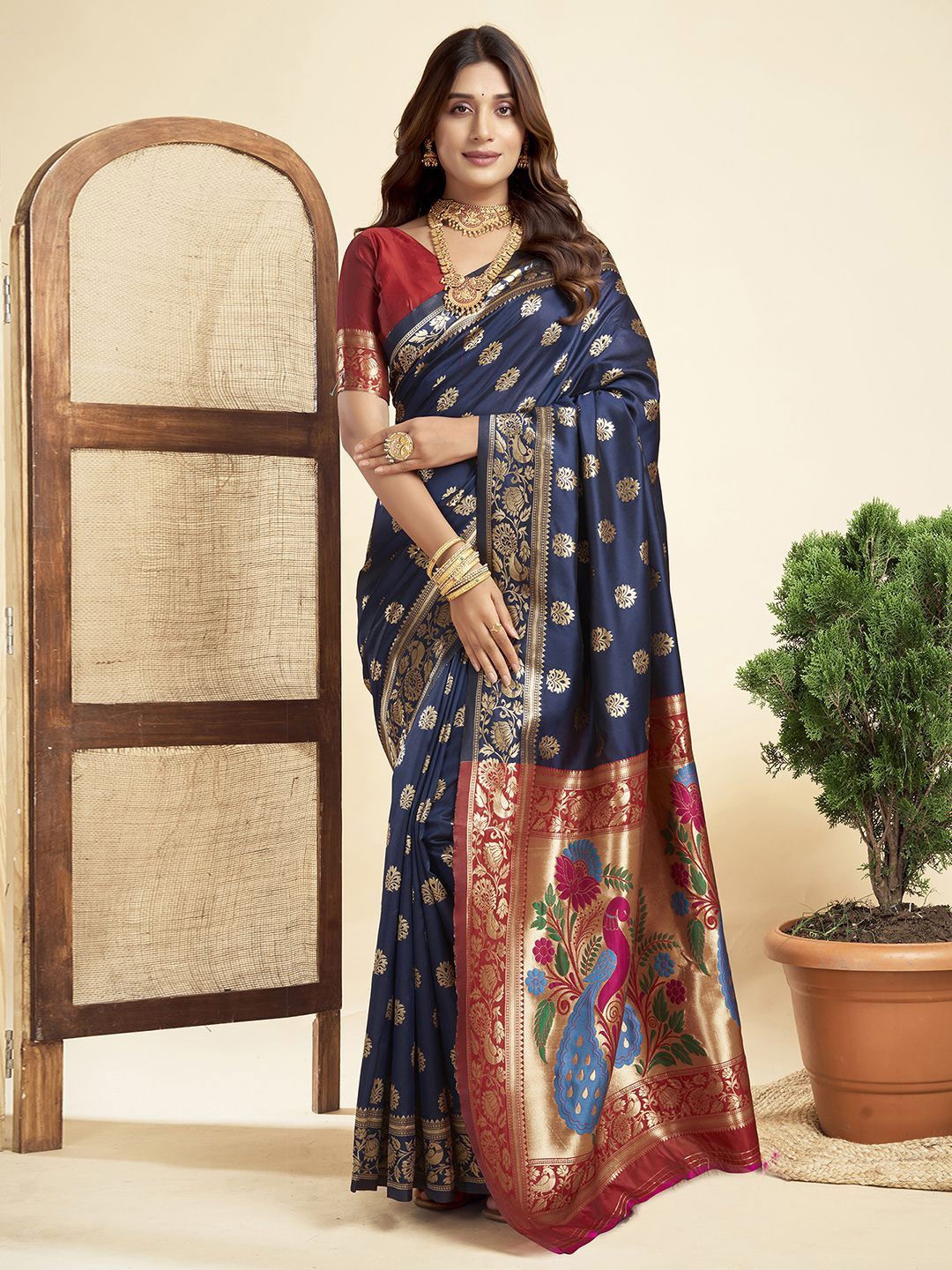 

KALINI Ethnic Motifs Woven Design Zari Pure Silk Paithani Saree, Blue