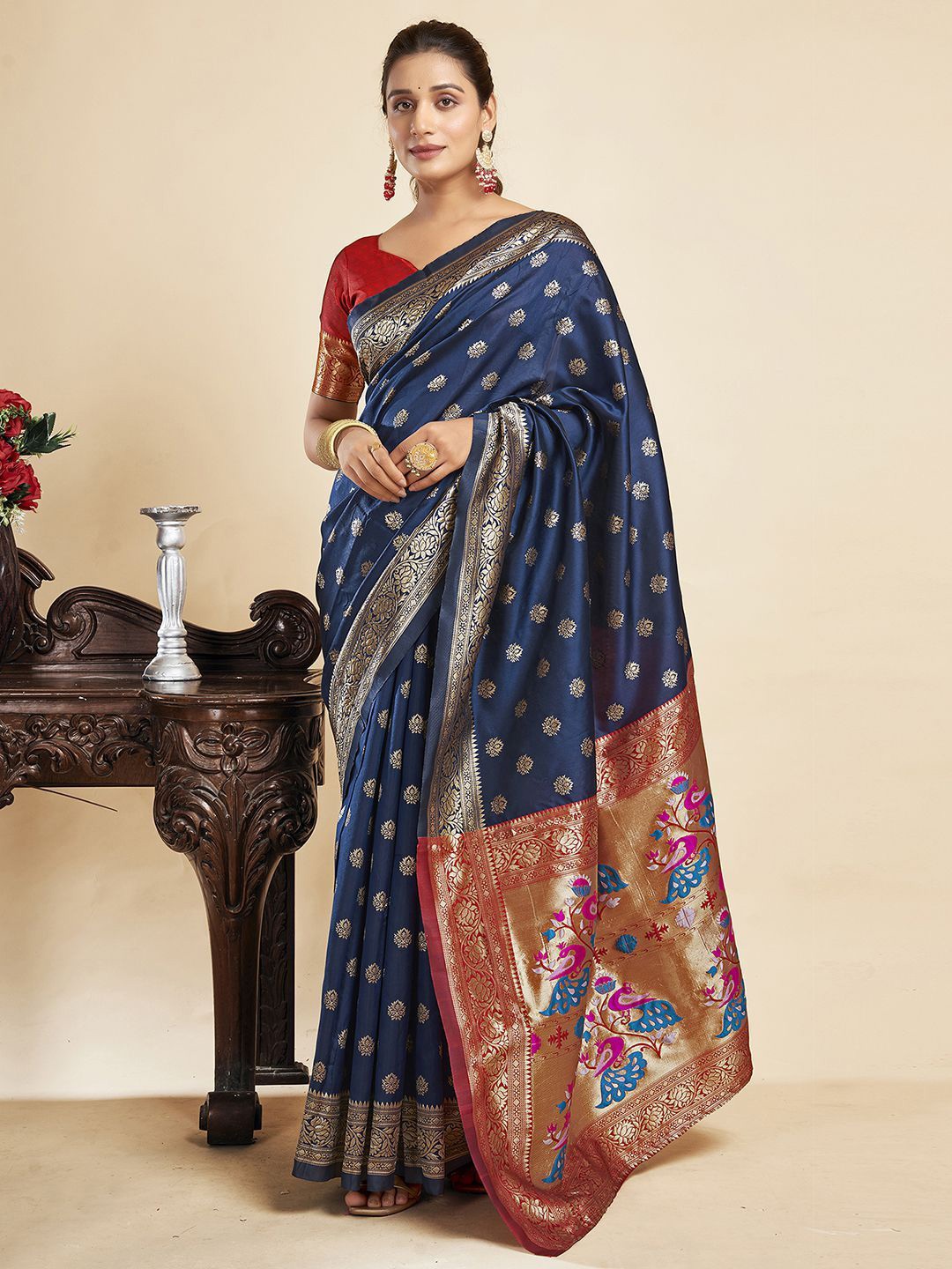 

KALINI Women Woven Design Zari Pure Silk Paithani Saree, Blue