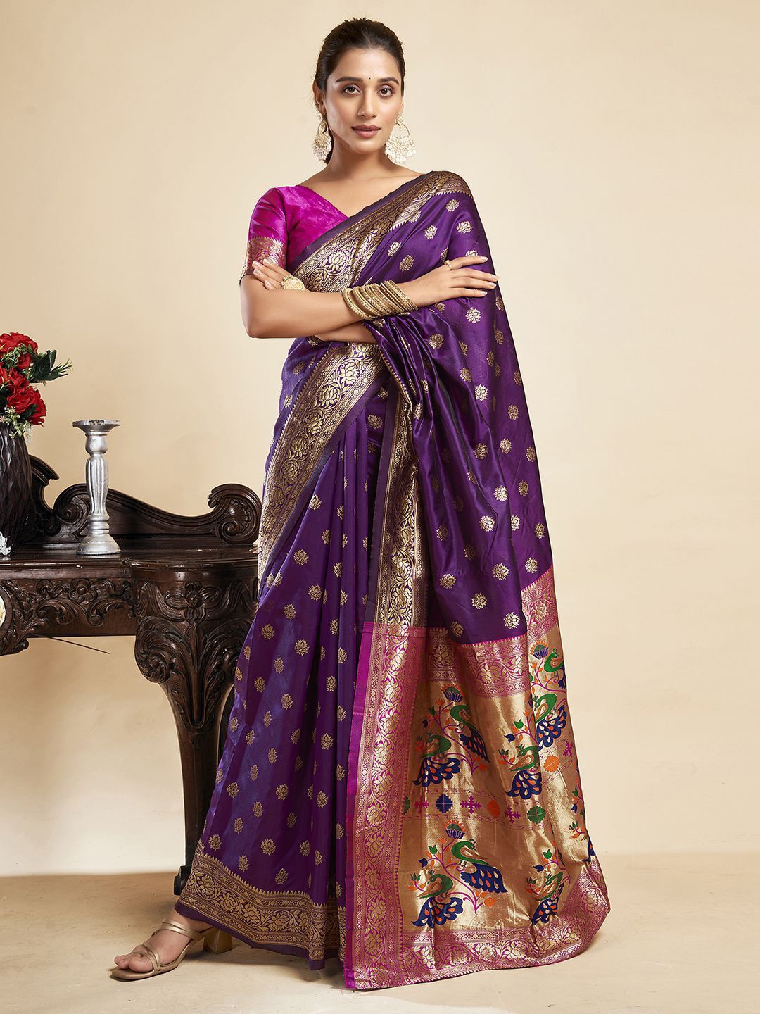 

KALINI Woven Design Zari Pure Silk Paithani Saree, Purple