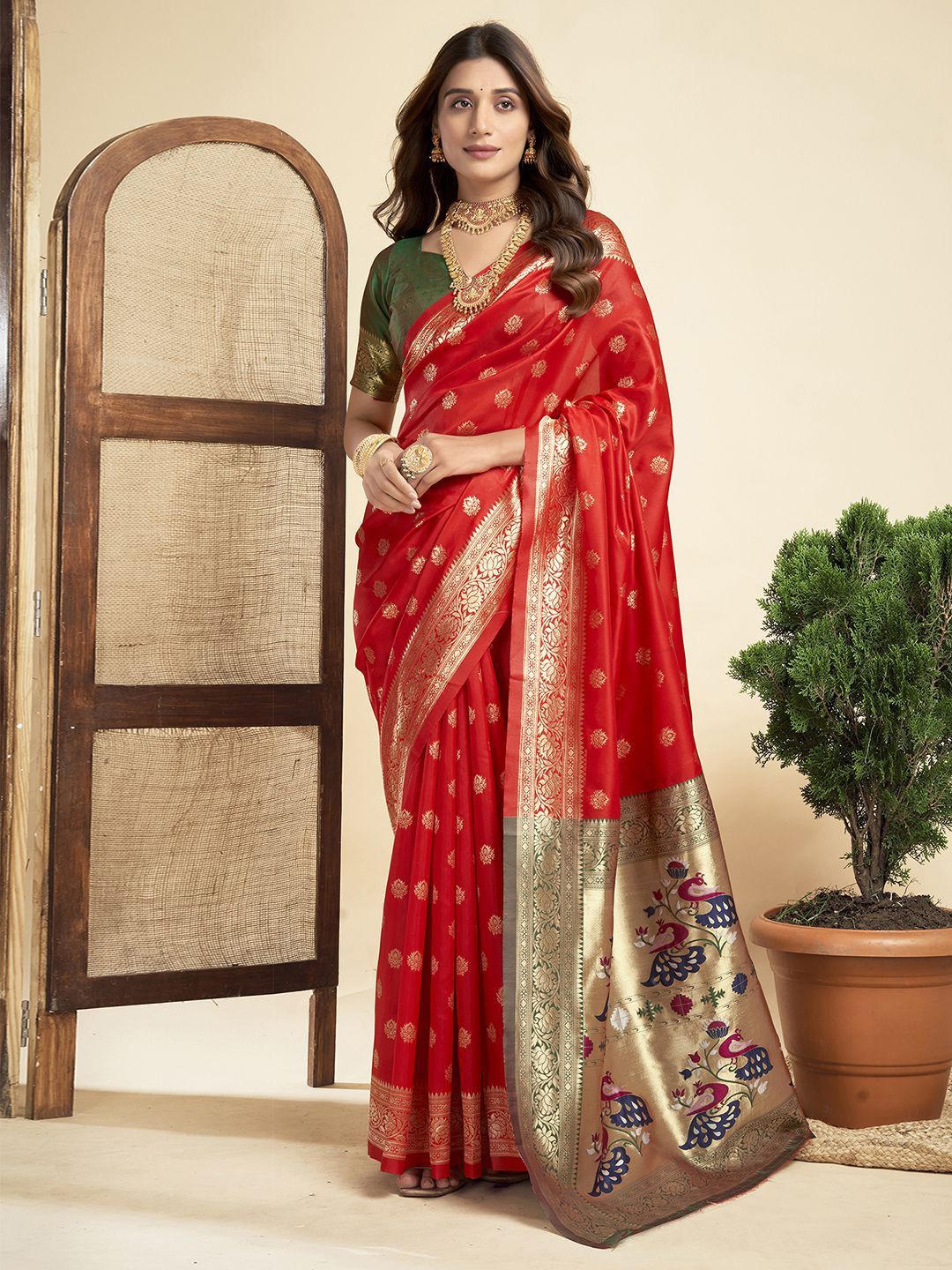 

KALINI Women Woven Design Zari Pure Silk Paithani Saree, Red