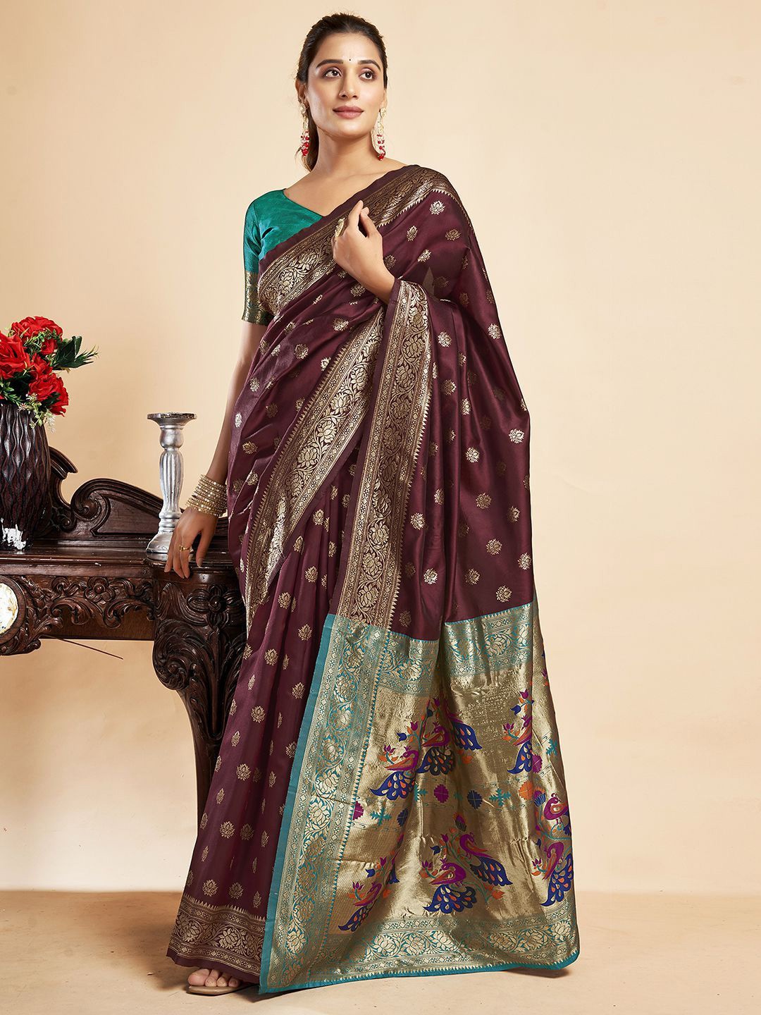 

KALINI Woven Design Zari Pure Silk Paithani Saree, Brown