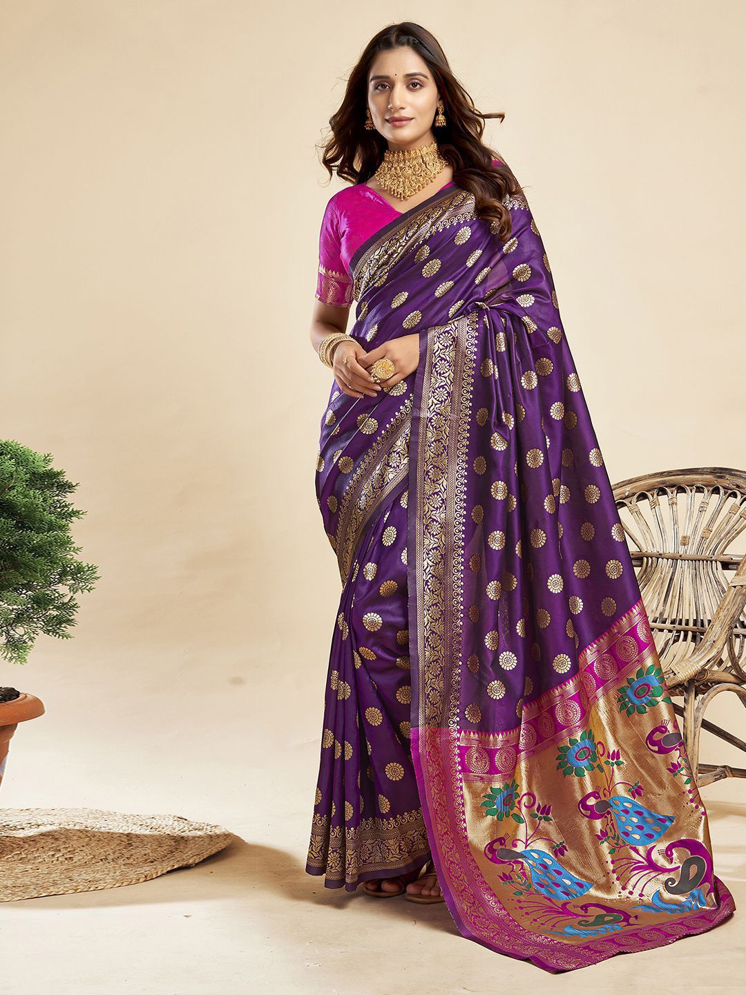 

KALINI Woven Design Zari Pure Silk Paithani Saree, Violet