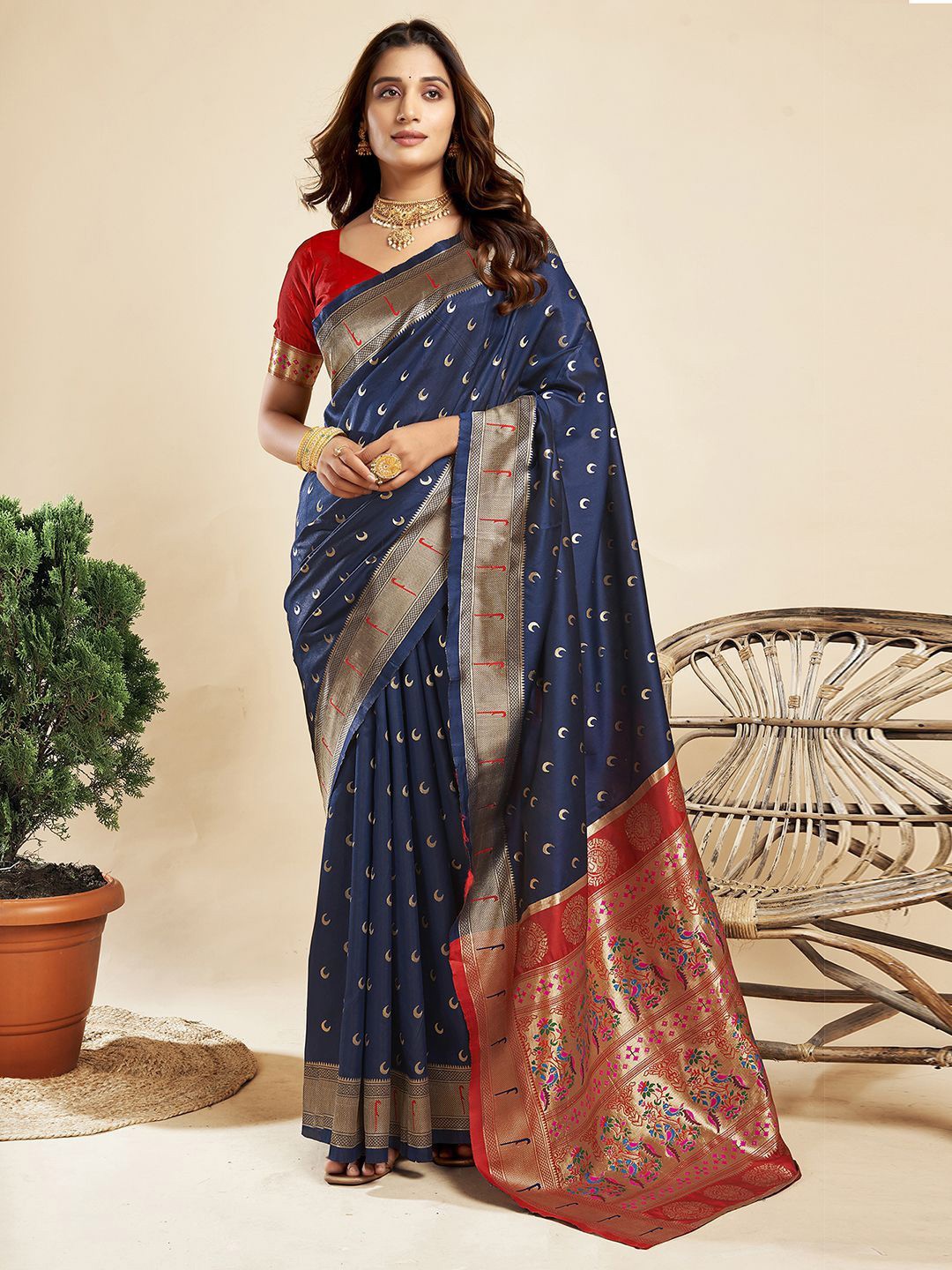

KALINI Woven Design Zari Pure Silk Paithani Saree, Blue
