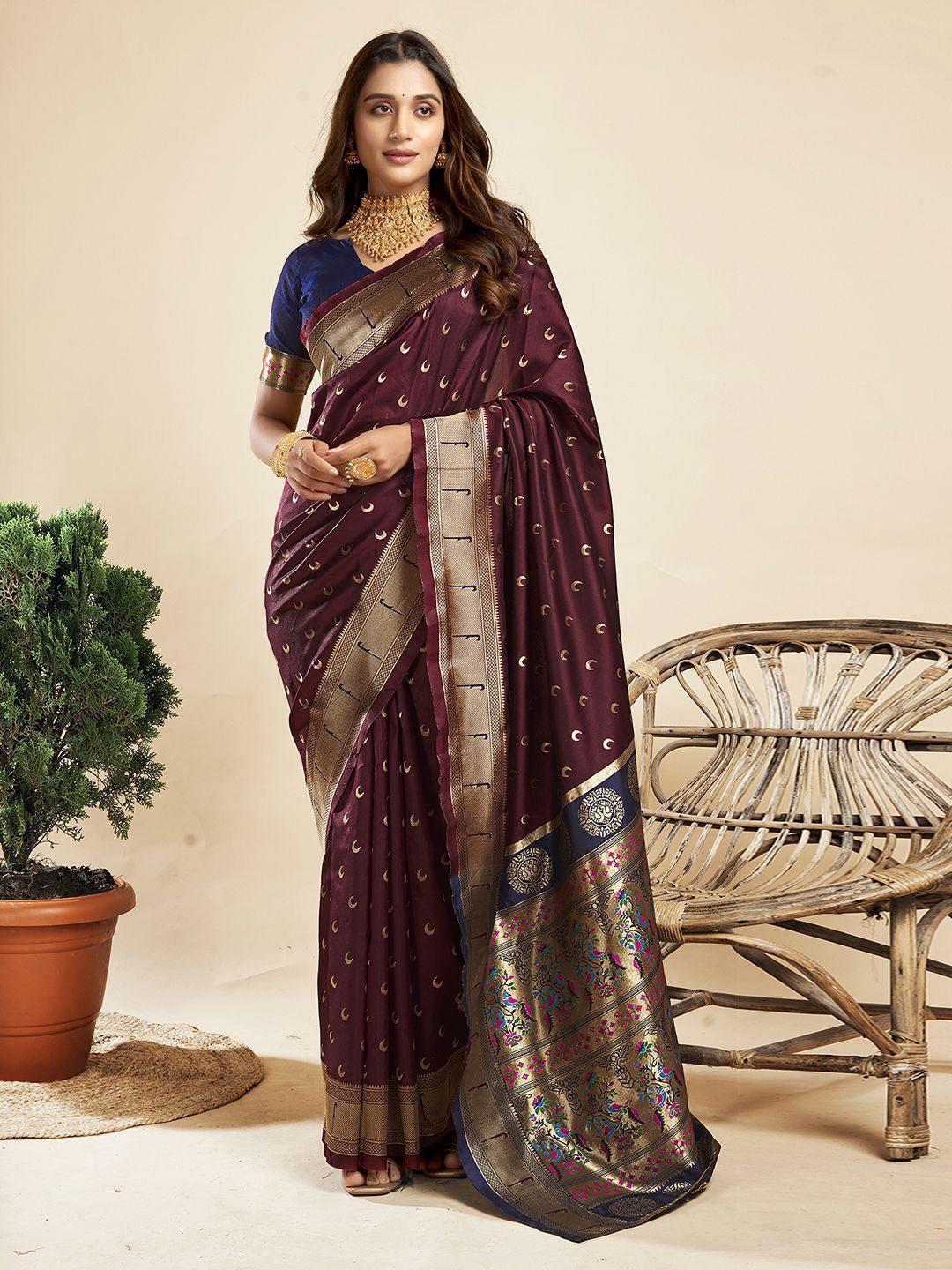 

KALINI Woven Design Zari Pure Silk Paithani Saree, Brown