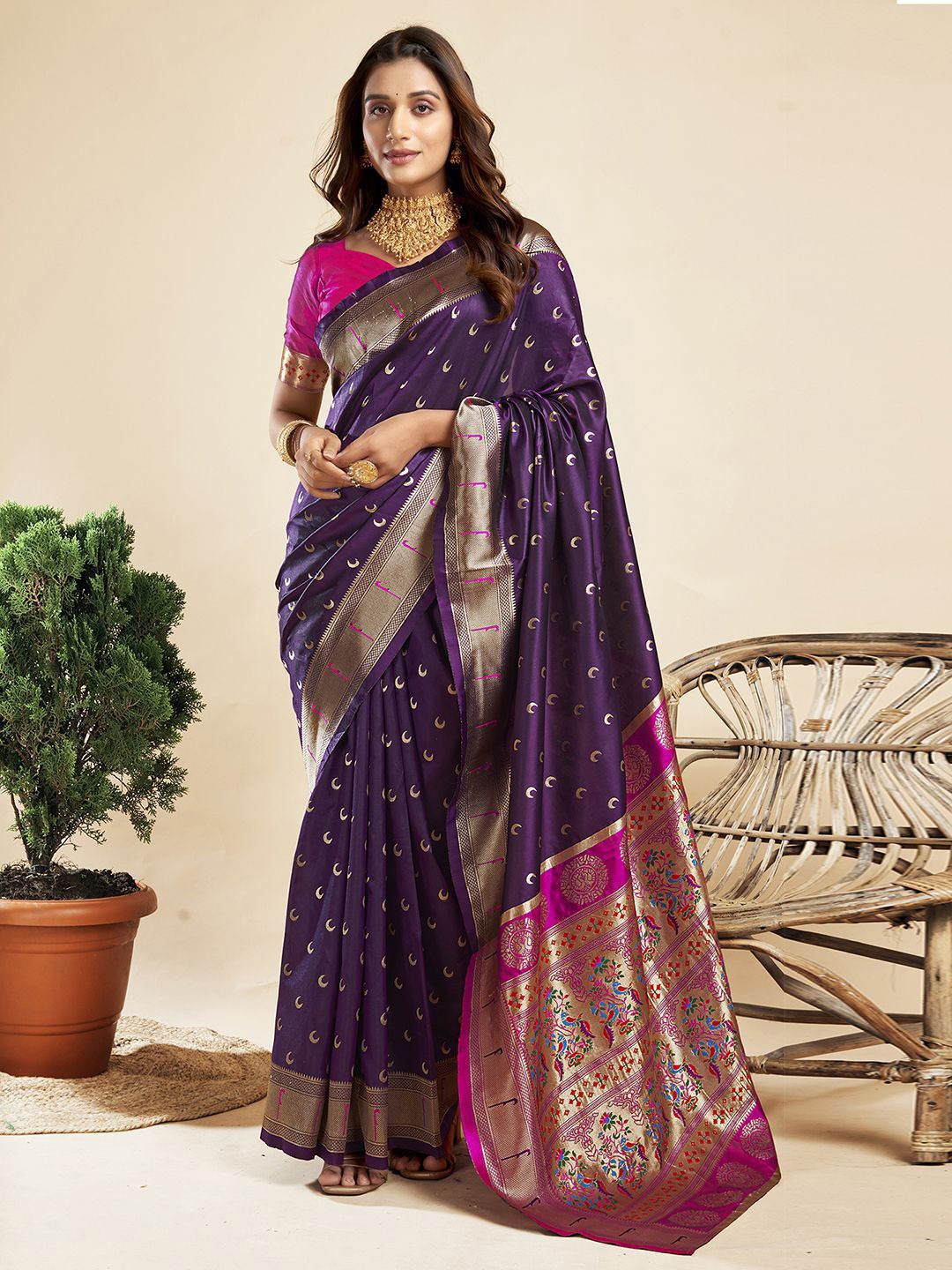 

KALINI Ethnic Motif Zari Woven Pure Silk Paithani Saree, Purple