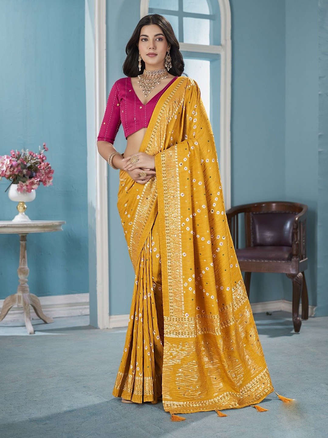 

Stylum Bandhani Tussar Saree, Mustard