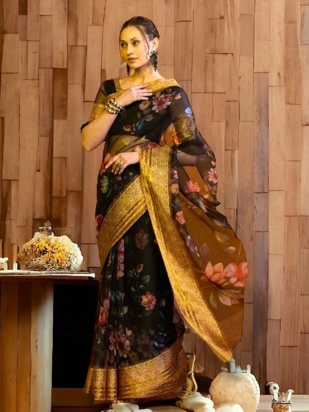 

Stylum Floral Printed Zari Organza Saree, Black