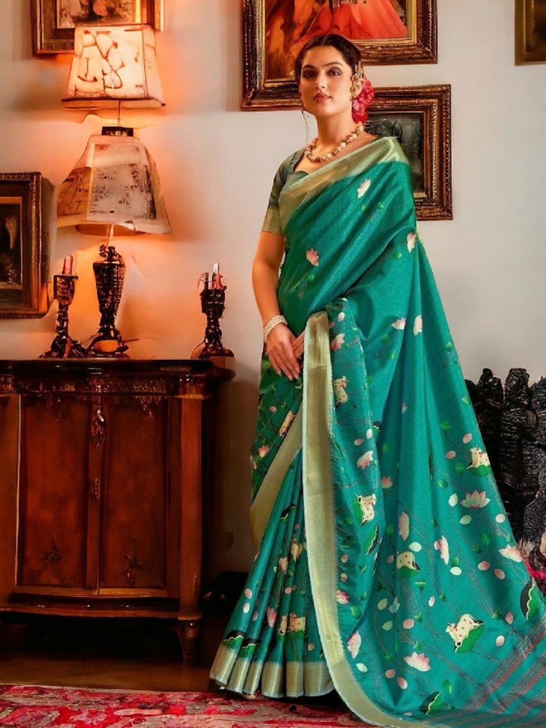 

Stylum Floral Printed Zari Dabu Saree, Turquoise blue