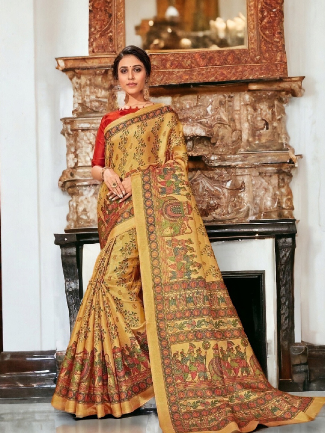 

Stylum Ethnic Motif Zari Woven Khadi Saree, Mustard