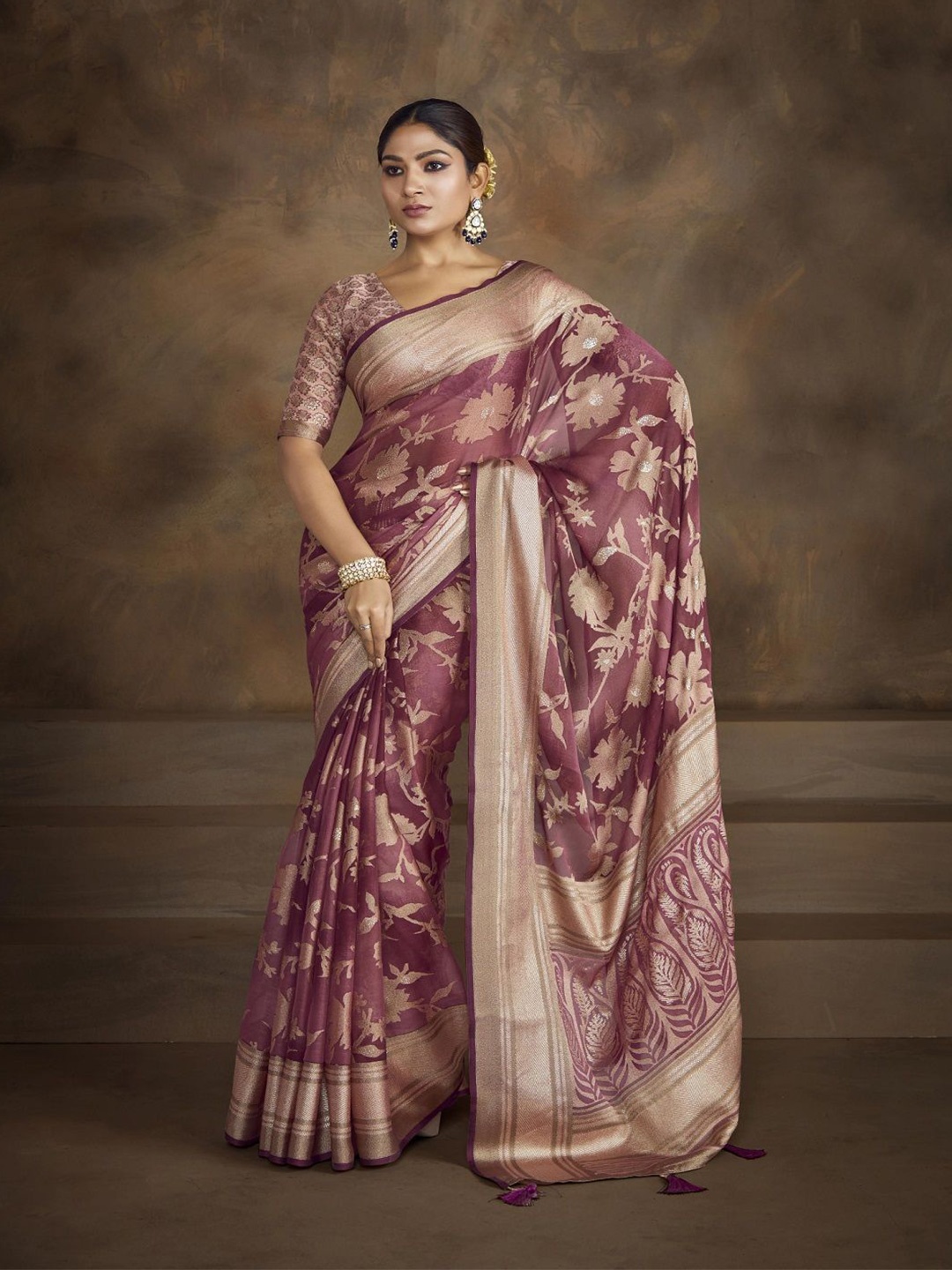 

Stylum Floral Printed Zari Brasso Saree, Mauve
