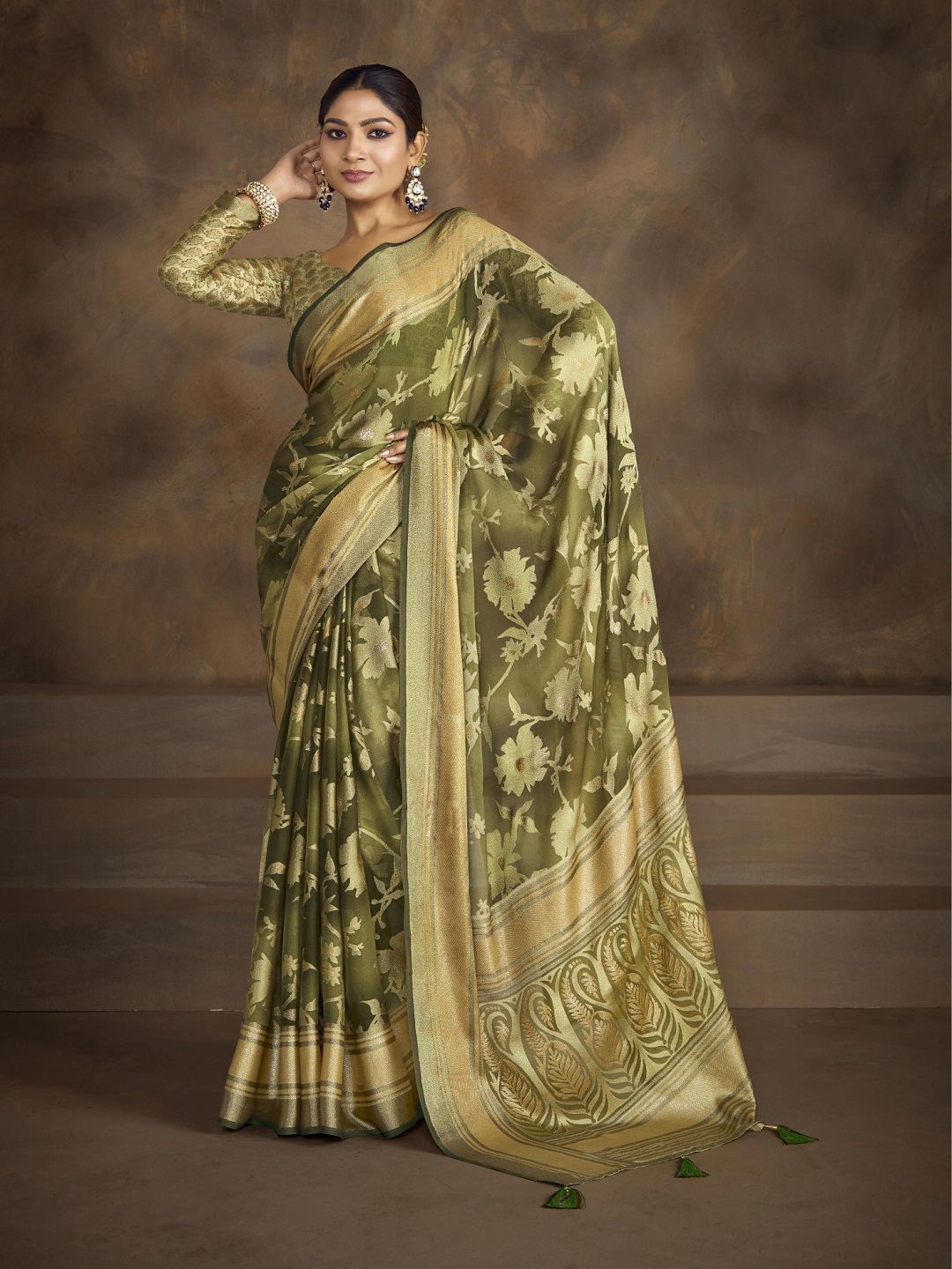 

Stylum Women Floral Printed Zari Brasso Saree, Green