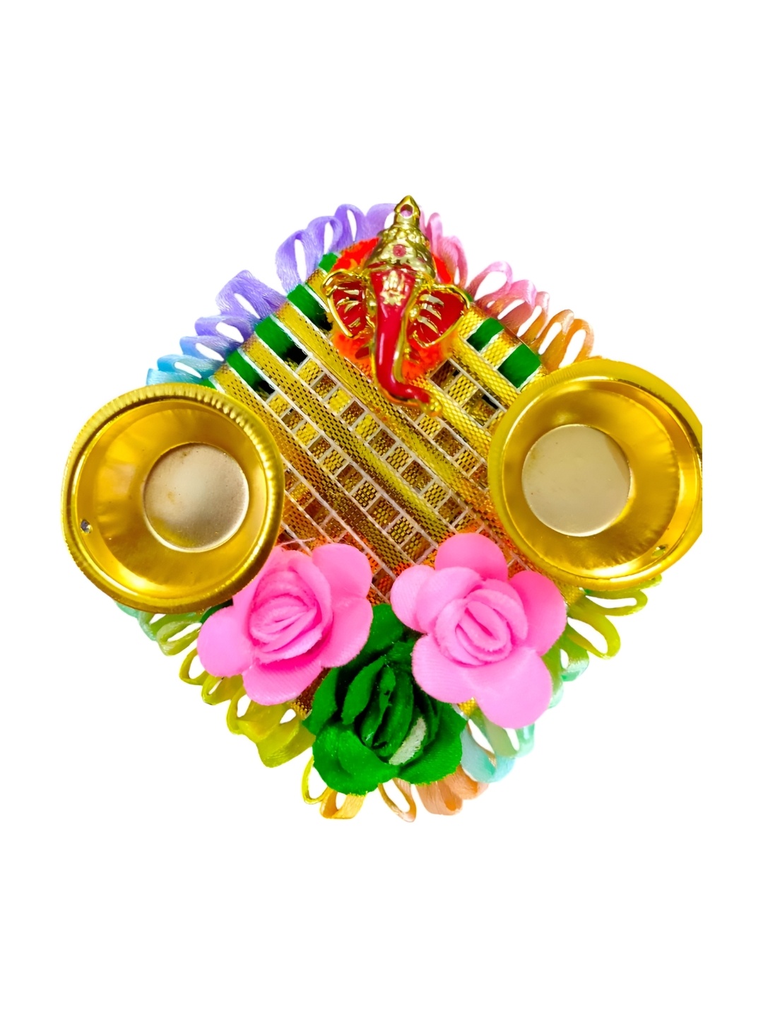 

PUFFSMART Gold Toned & Green Textured Attached Roli With Chawal Holder & Pooja Thali