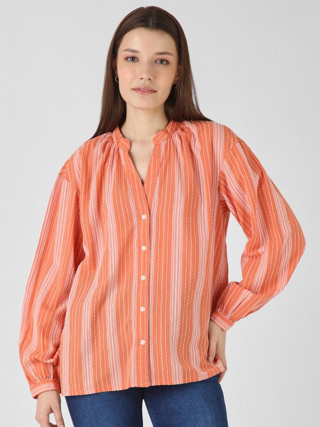 

Wrangler Women Solid Orange Relaxed Opaque Striped Casual Shirt