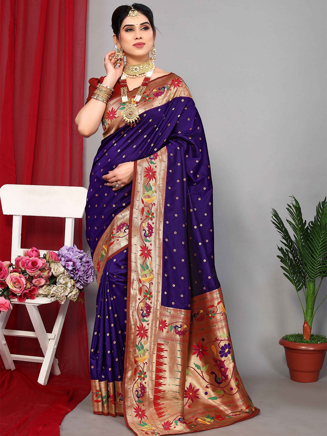 

Aardiva Ethnic Motif Zari Woven Pure Silk Paithani Saree, Purple