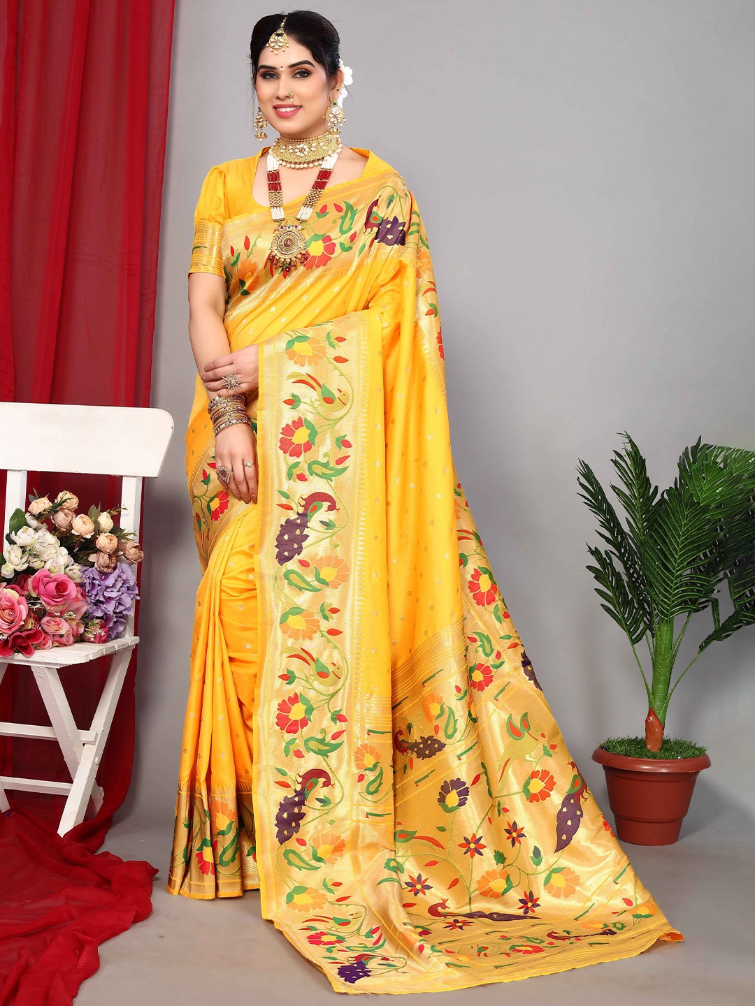 

Aardiva Woven Design Zari Pure Silk Paithani Saree, Yellow