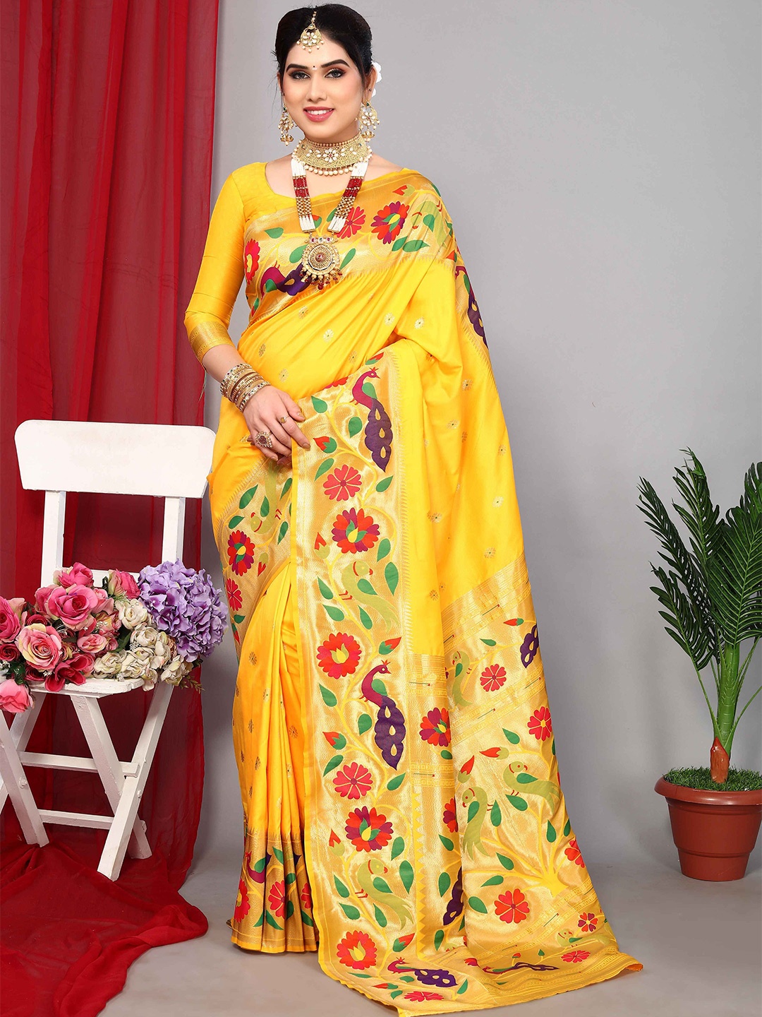 

Aardiva Woven Design Zari Pure Silk Paithani Saree, Yellow