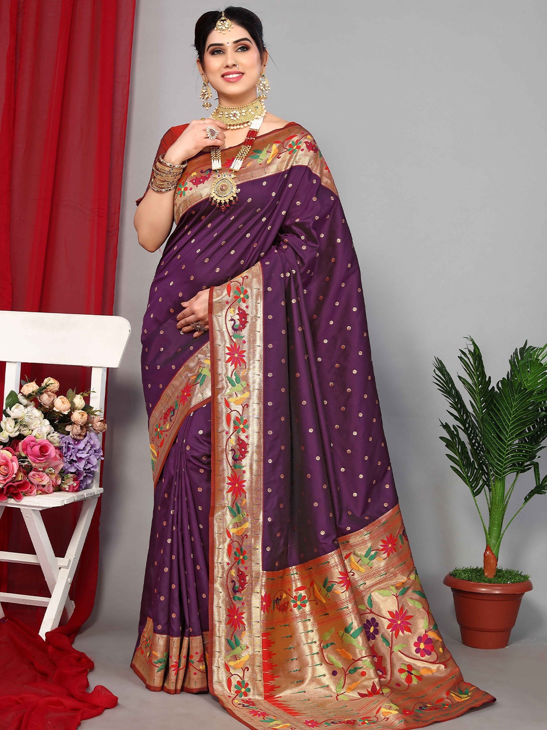

Aardiva Woven Design Zari Pure Silk Paithani Saree, Purple