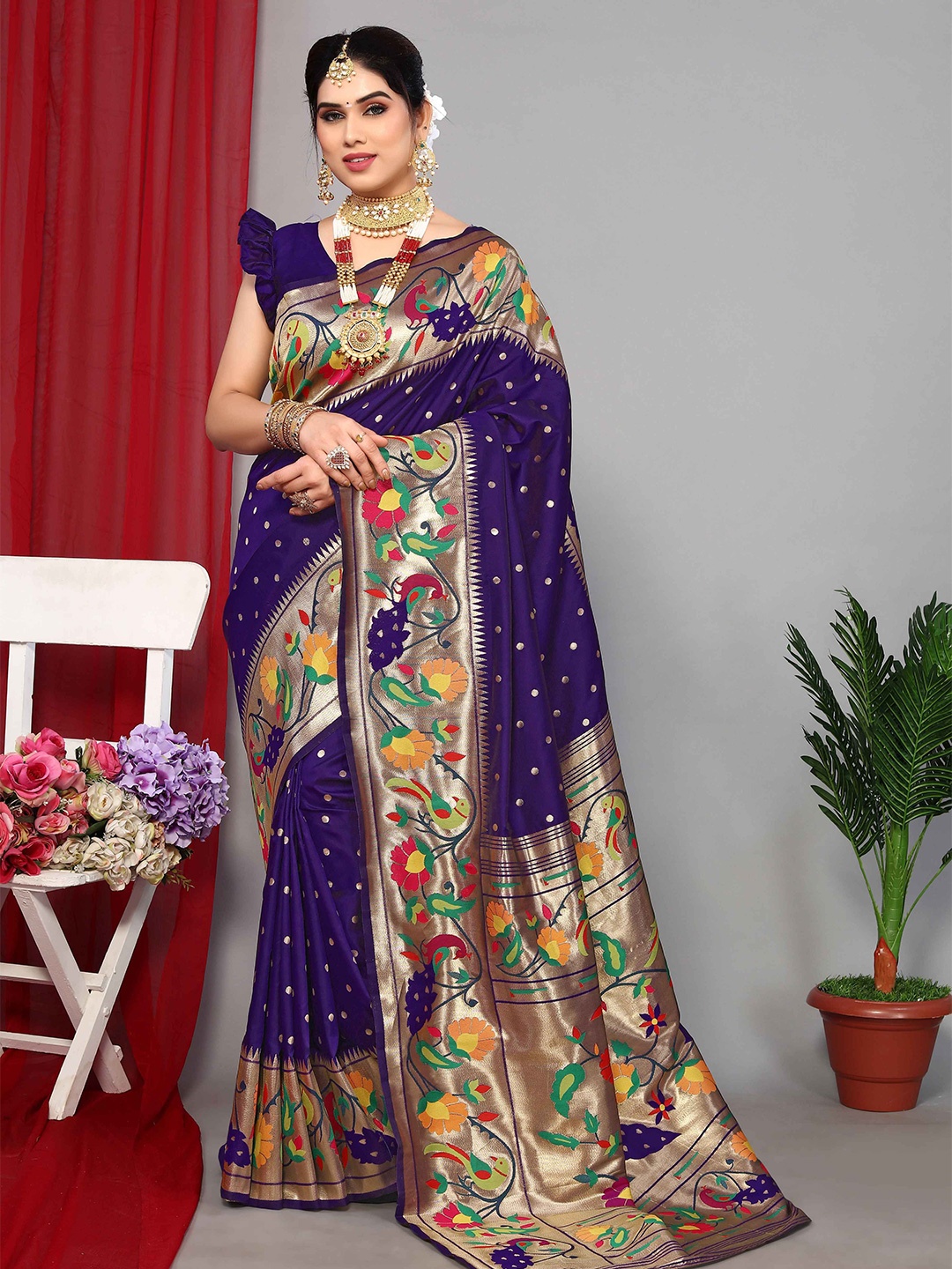 

Aardiva Woven Design Zari Pure Silk Paithani Saree, Purple