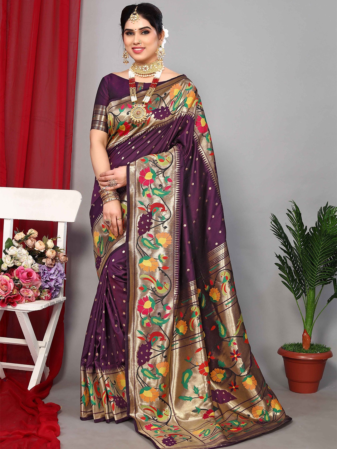 

Aardiva Woven Design Zari Pure Silk Paithani Saree, Purple