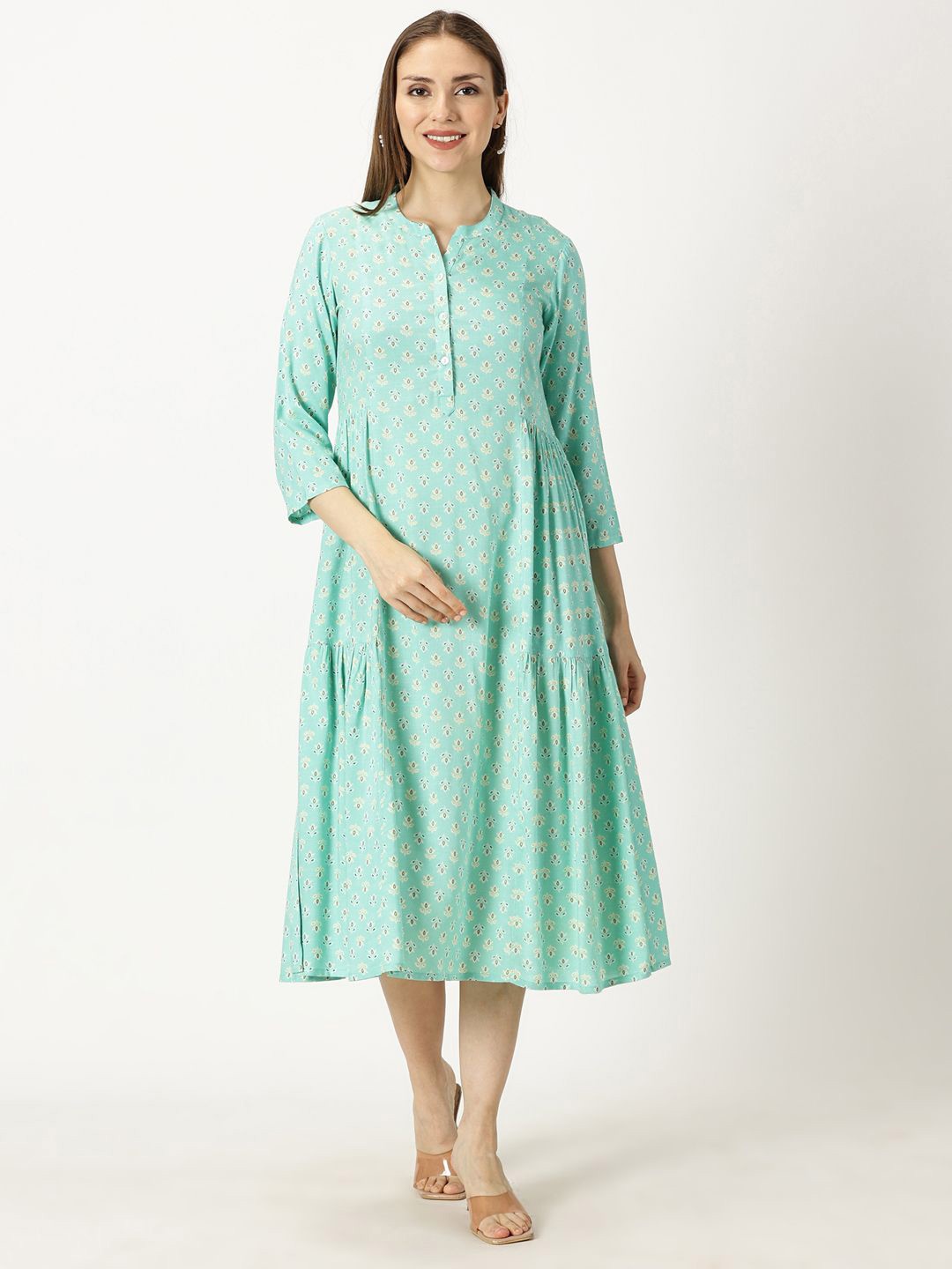 

Saffron Threads Women Ethnic Motifs Print A-Line Midi Dress, Sea green