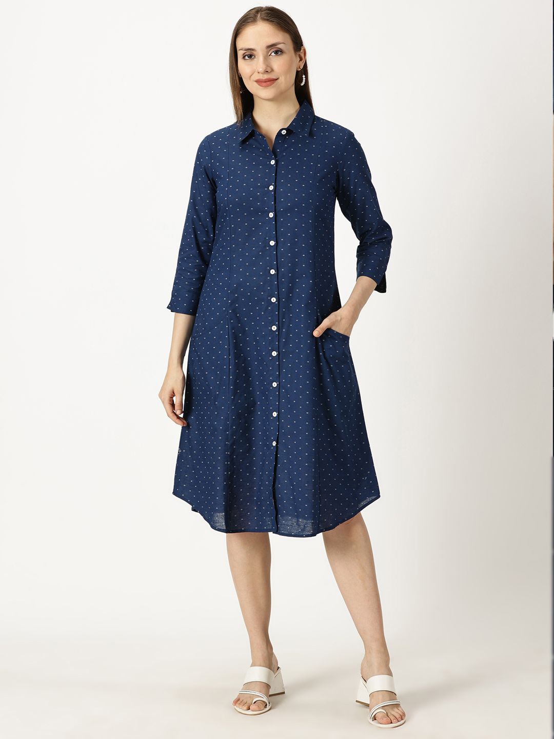 

Saffron Threads Polka Dot Print Cotton Shirt Dress, Navy blue