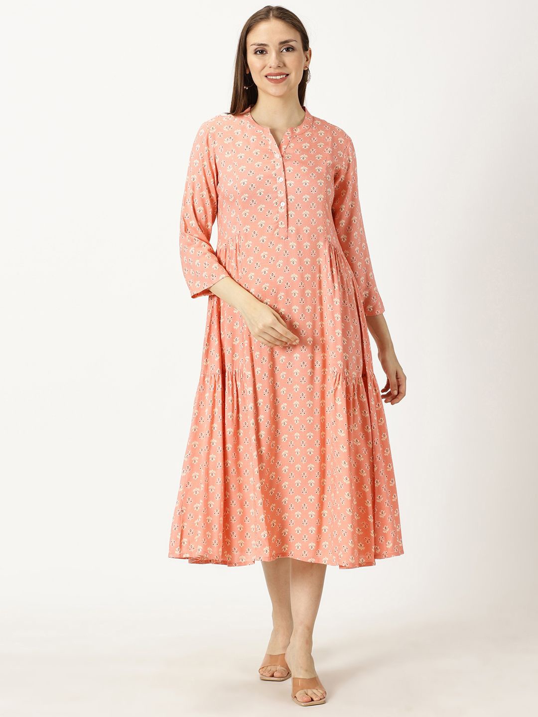 

Saffron Threads Ethnic Motifs Printed A-Line Midi Dress, Peach