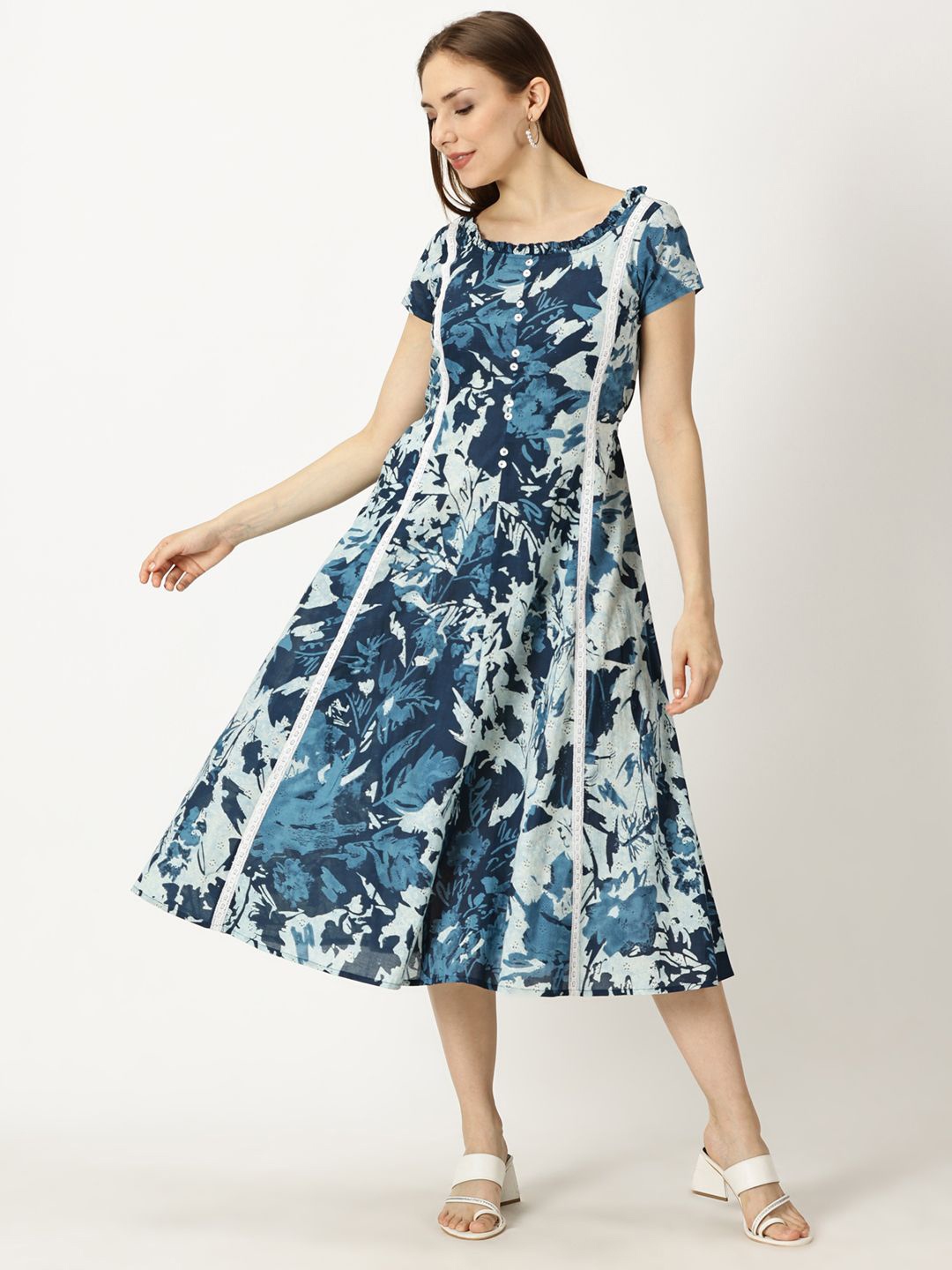 

Saffron Threads Cotton Printed Fit & Flare Midi Dress, Blue