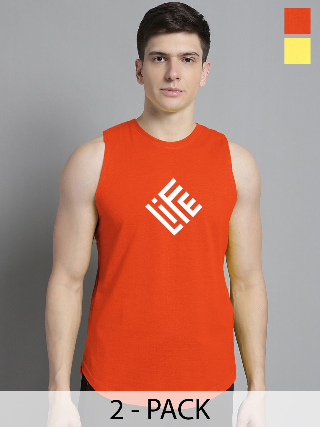 

FBAR Men Printed Sleeveless 2Pcs Cotton Gym Vests130724FBAE401-06-FBAE402-08, Yellow