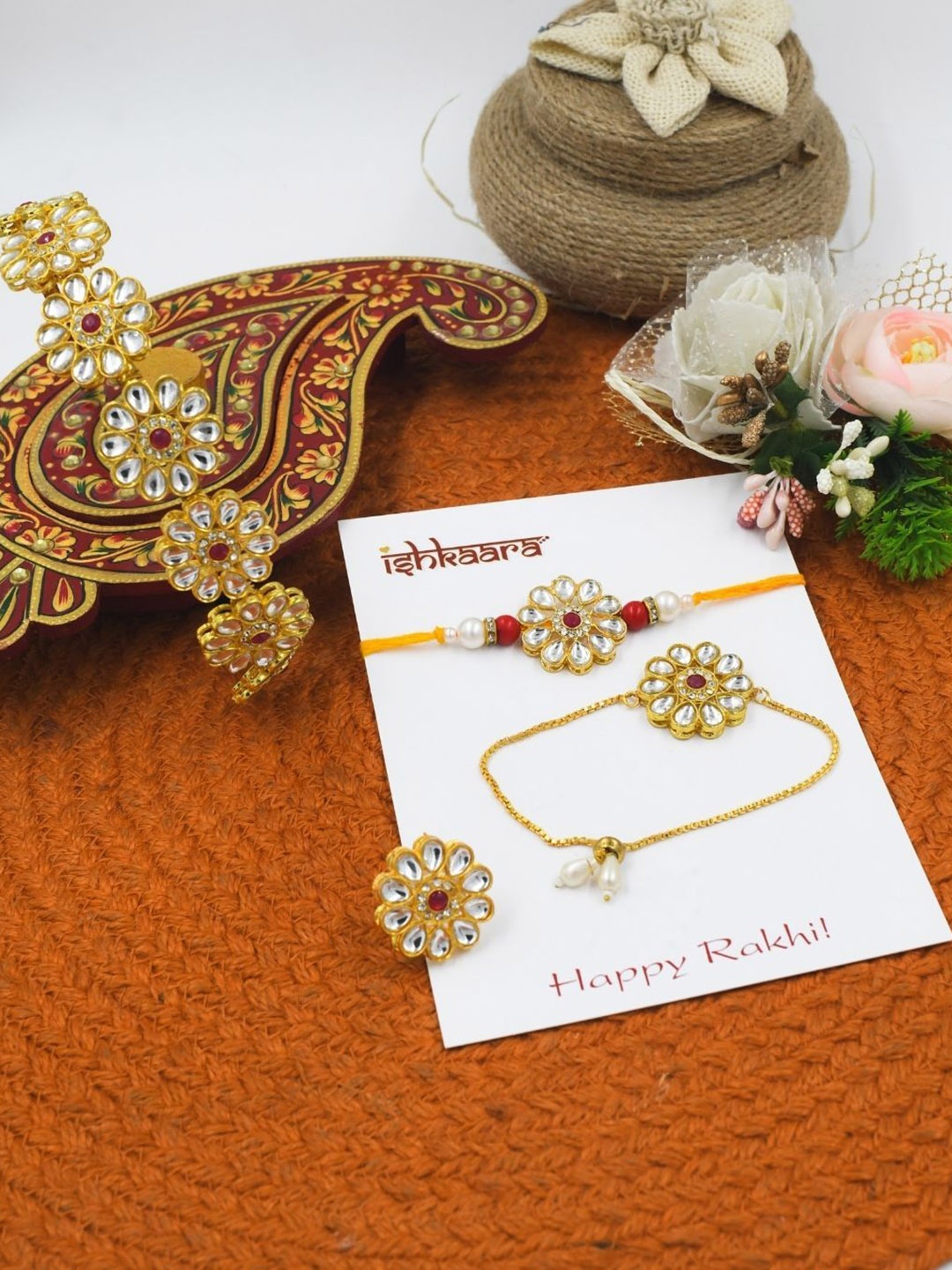 

ISHKAARA Set of 4 Beaded Rakhi with Headband, Gold