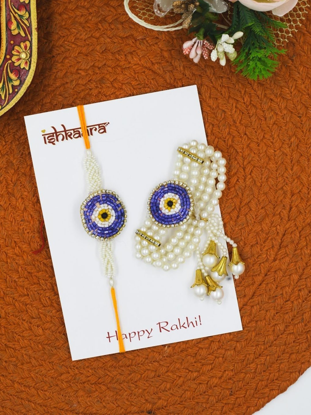 

ISHKAARA Pearl Evil Eye Beaded Bhaiya Bhabhi Thread Rakhis, Yellow