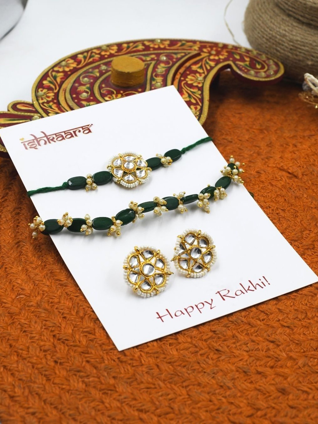 

ISHKAARA Set of 3 Beaded Rakhis with Earrings, Green