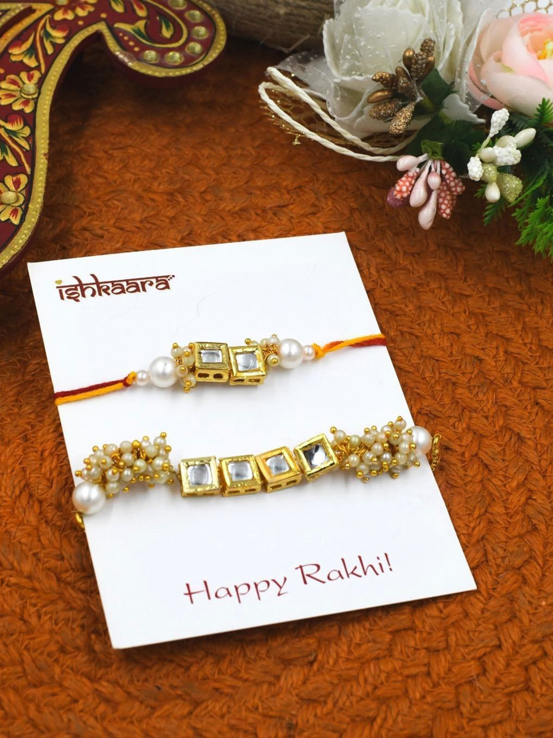 

ISHKAARA Kids Kundan Moti Beaded Bhaiya Bhabhi Thread Rakhis, Gold