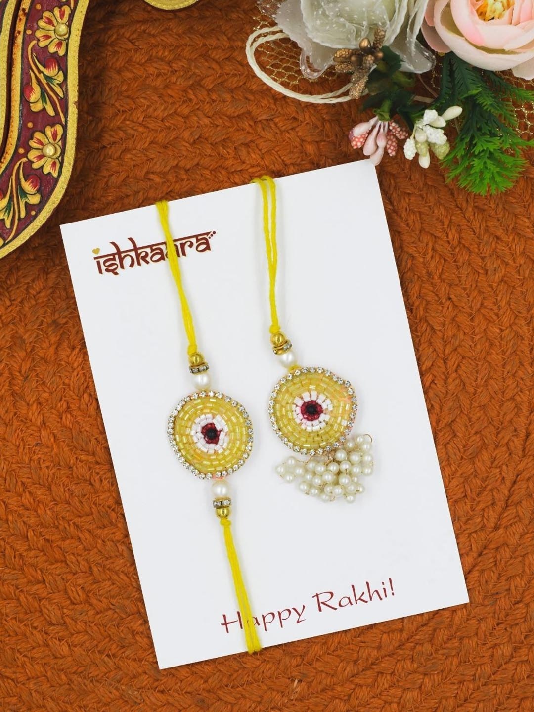 

ISHKAARA Set of 2 Evil Eye Beaded Lumba & Thread Rakhis, Yellow