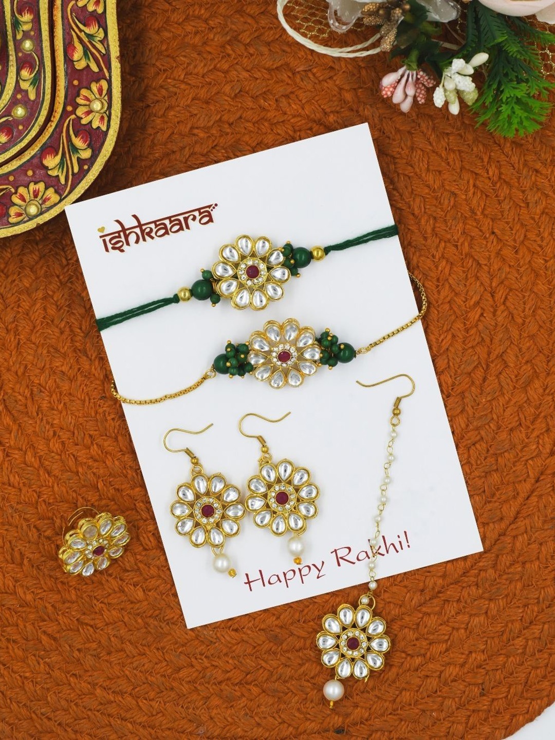 

ISHKAARA Set of 5 Beaded Rakhis with Earrings & Maangtikka with Finger Ring, Green