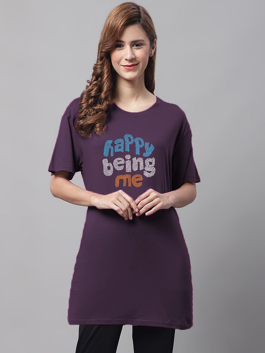 

Kanvin Women Printed Round Neck Short Sleeves Cotton Lounge T-Shirt, Purple