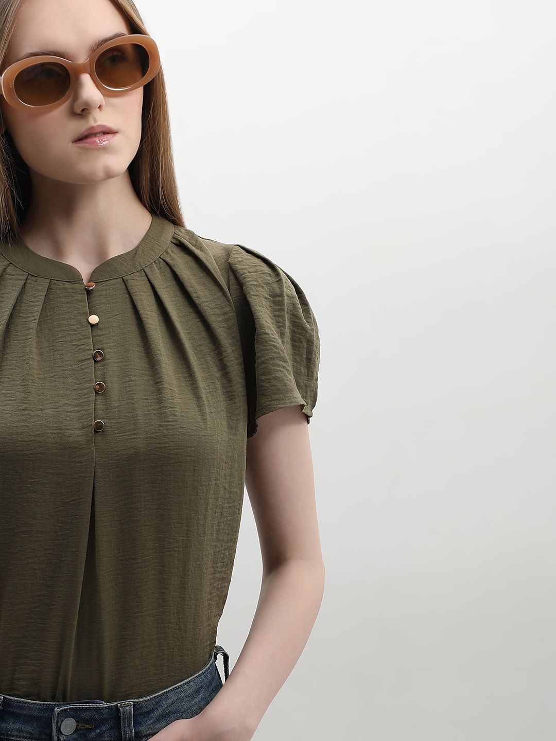 

Vero Moda Women Round Neck Puff Sleeve Top, Green