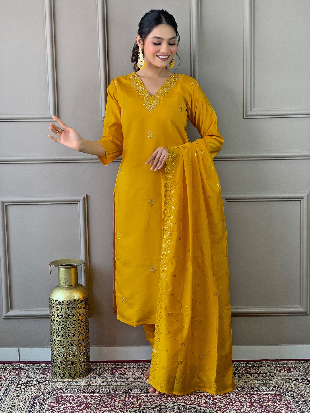

KALINI Floral Embroidered Straight Kurta with Trousers & With Dupatta, Mustard