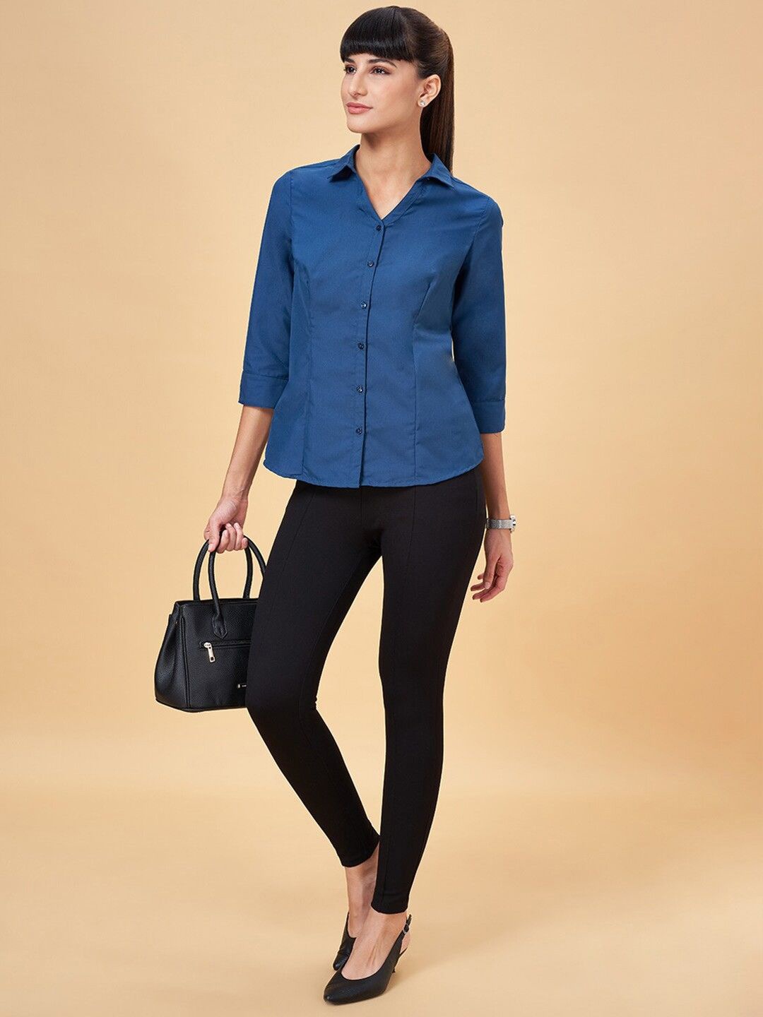 

Shaftesbury London Women Smart Slim Fit Opaque Semiformal Shirt, Blue