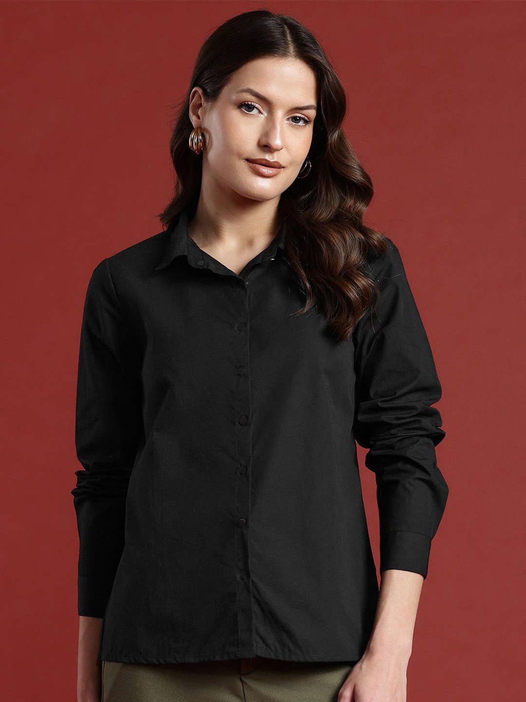 

haftesbury London Women Solid Smart Slim Fit Opaque Semiformal Shirt, Black