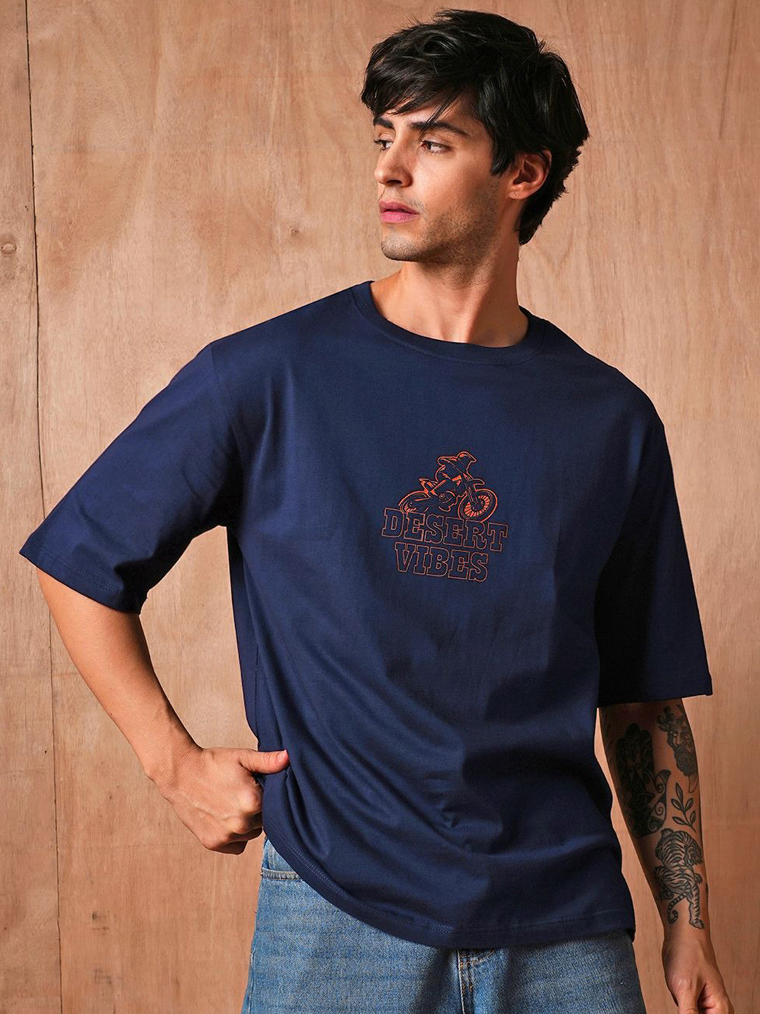 

Roadster Graphic Printed Cotton Oversized Fit T-Shirt, Navy blue