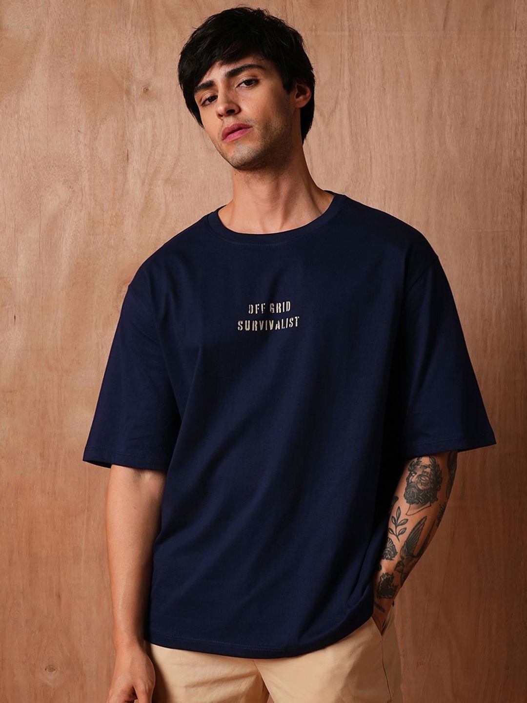 

The Roadster Lifestyle Co Printed Oversized Cotton T-Shirt, Navy blue