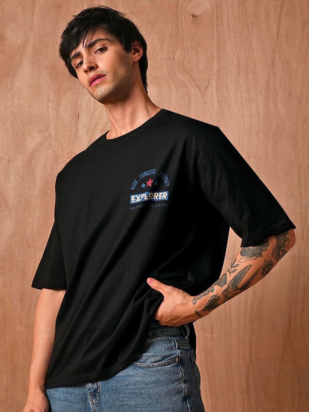 

The Roadster Lifestyle Co Printed Oversized Cotton T-Shirt, Black