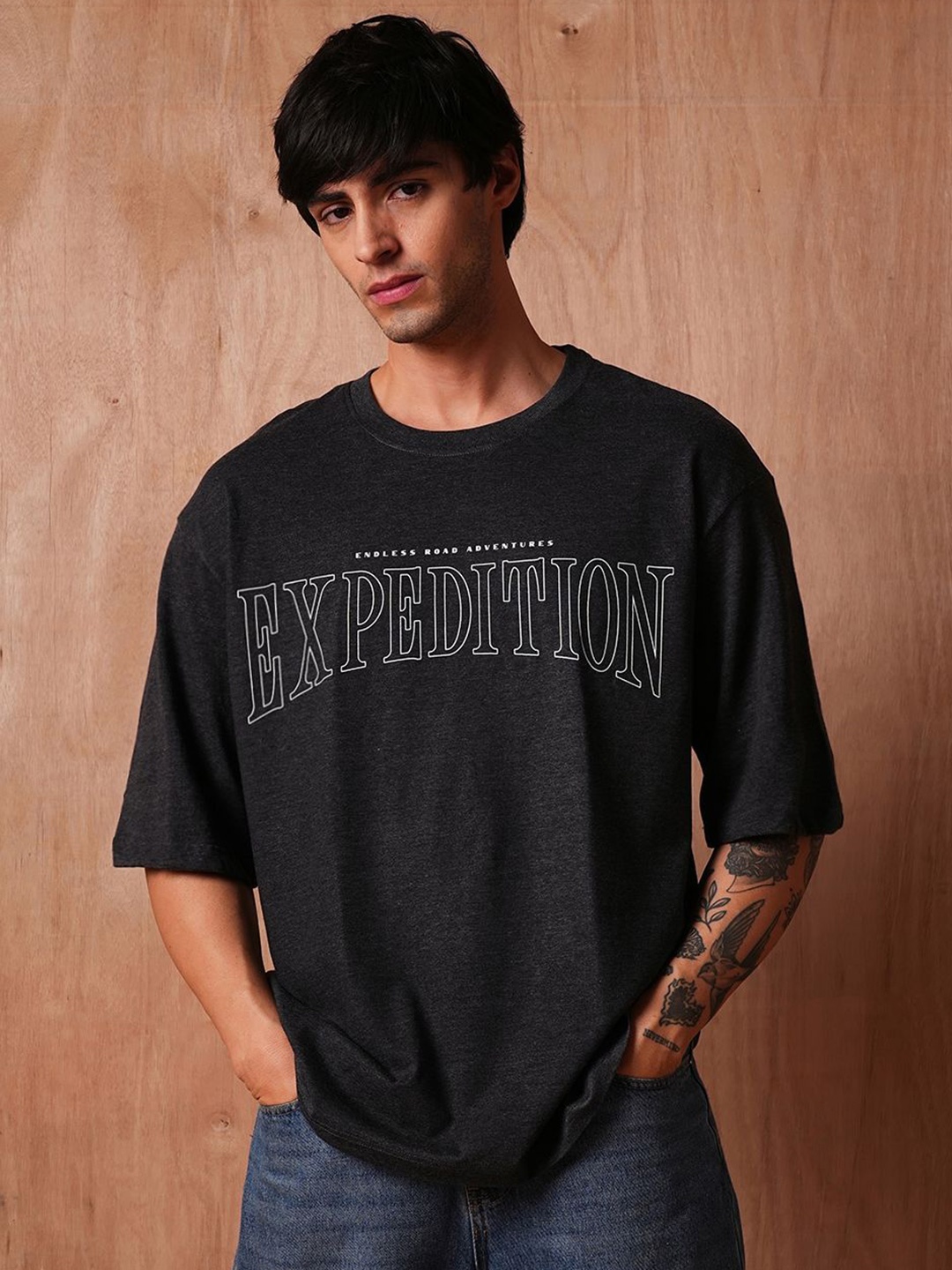 

The Roadster Lifestyle Men Co Printed Oversized Cotton T-Shirt, Charcoal
