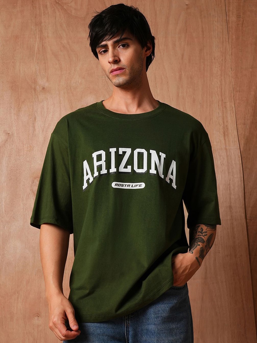 

The Roadster Lifestyle Co Printed Oversized Cotton T-Shirt, Olive
