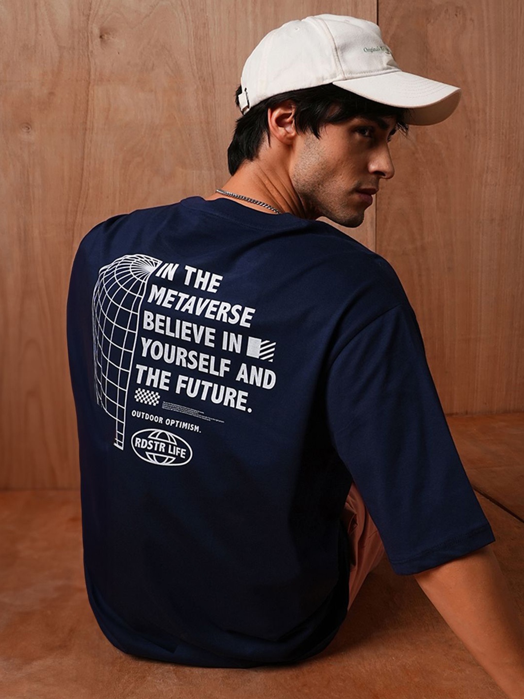 

The Roadster Lifestyle Co Printed Oversized Cotton T-Shirt, Navy blue