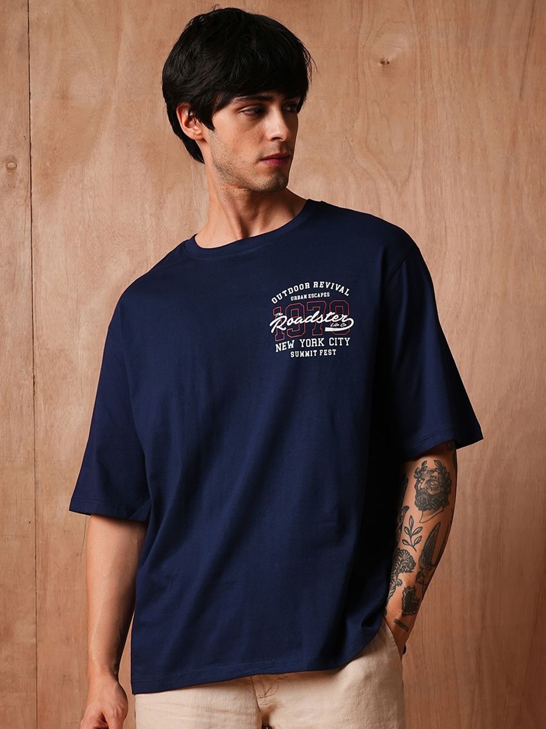 

The Roadster Lifestyle Co Printed Oversized Cotton T-Shirt, Navy blue