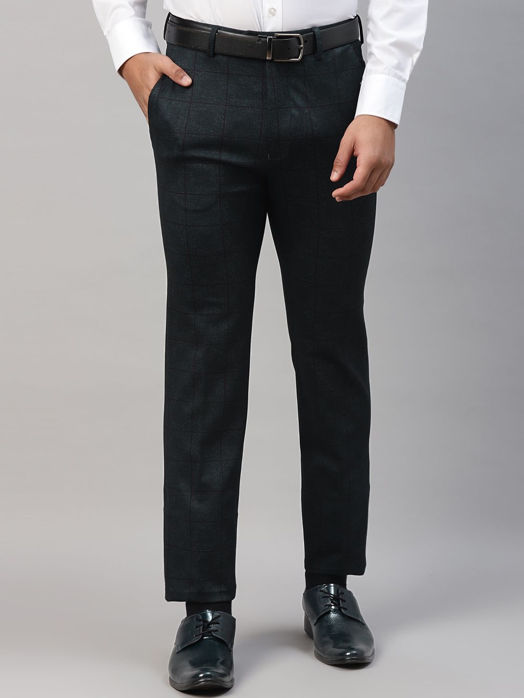 

Givo Men Checked Regular Fit Mid-Rise Flat-Front Formal Trouser, Green
