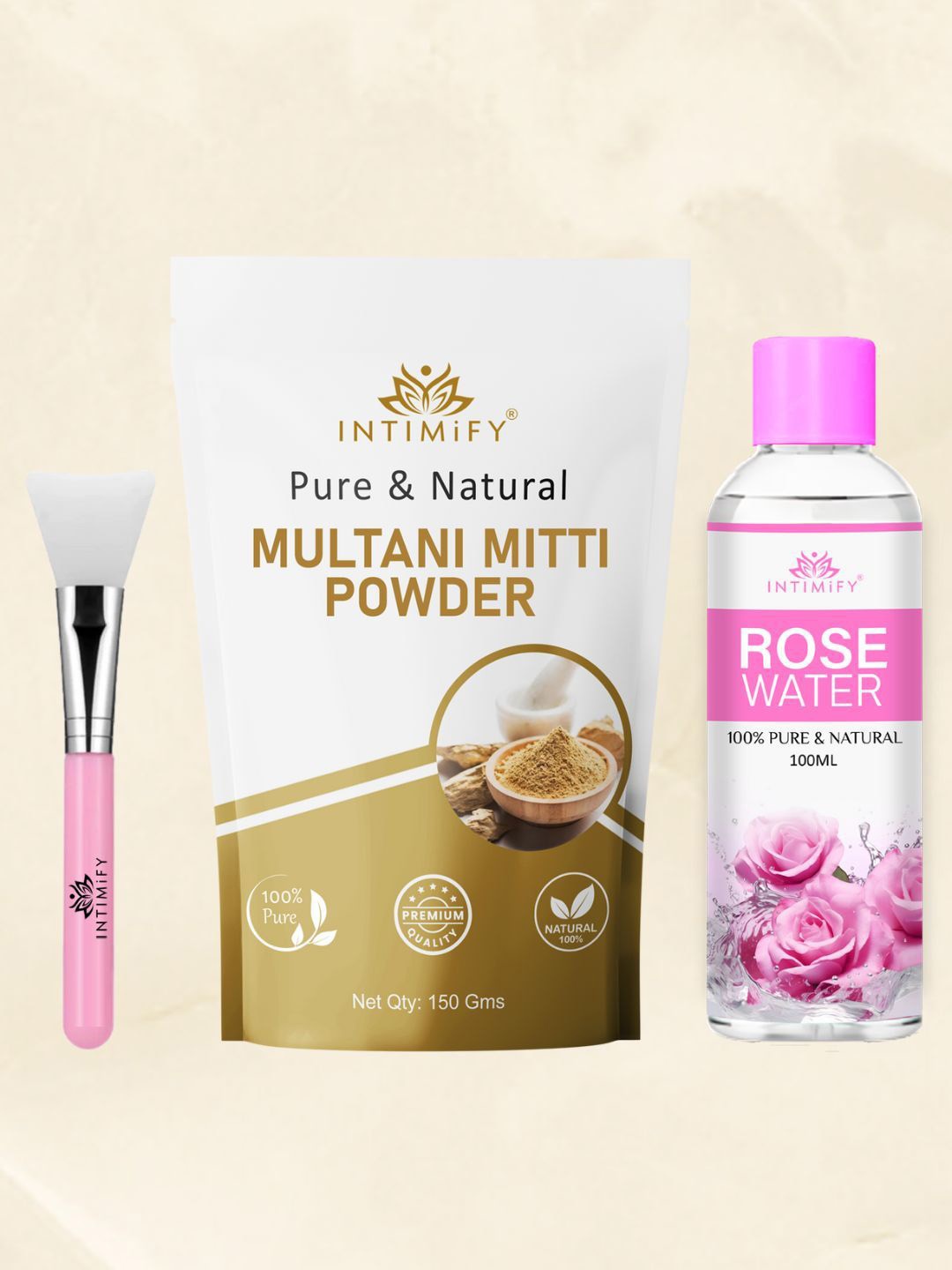 

INTIMIFY 3 In 1 Multani Mitti Powder With Rose Water & Applicator Brush- 150g, Brown
