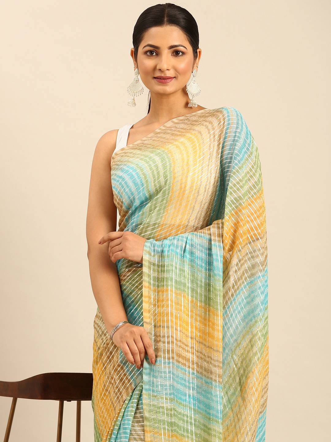 

HERE&NOW Striped Zari Bhagalpuri Saree, Yellow